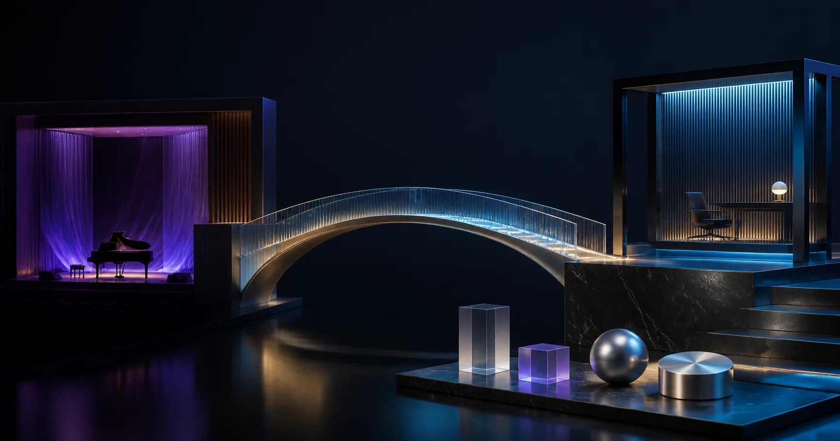 An illuminated bridge connecting a live event and a business setting