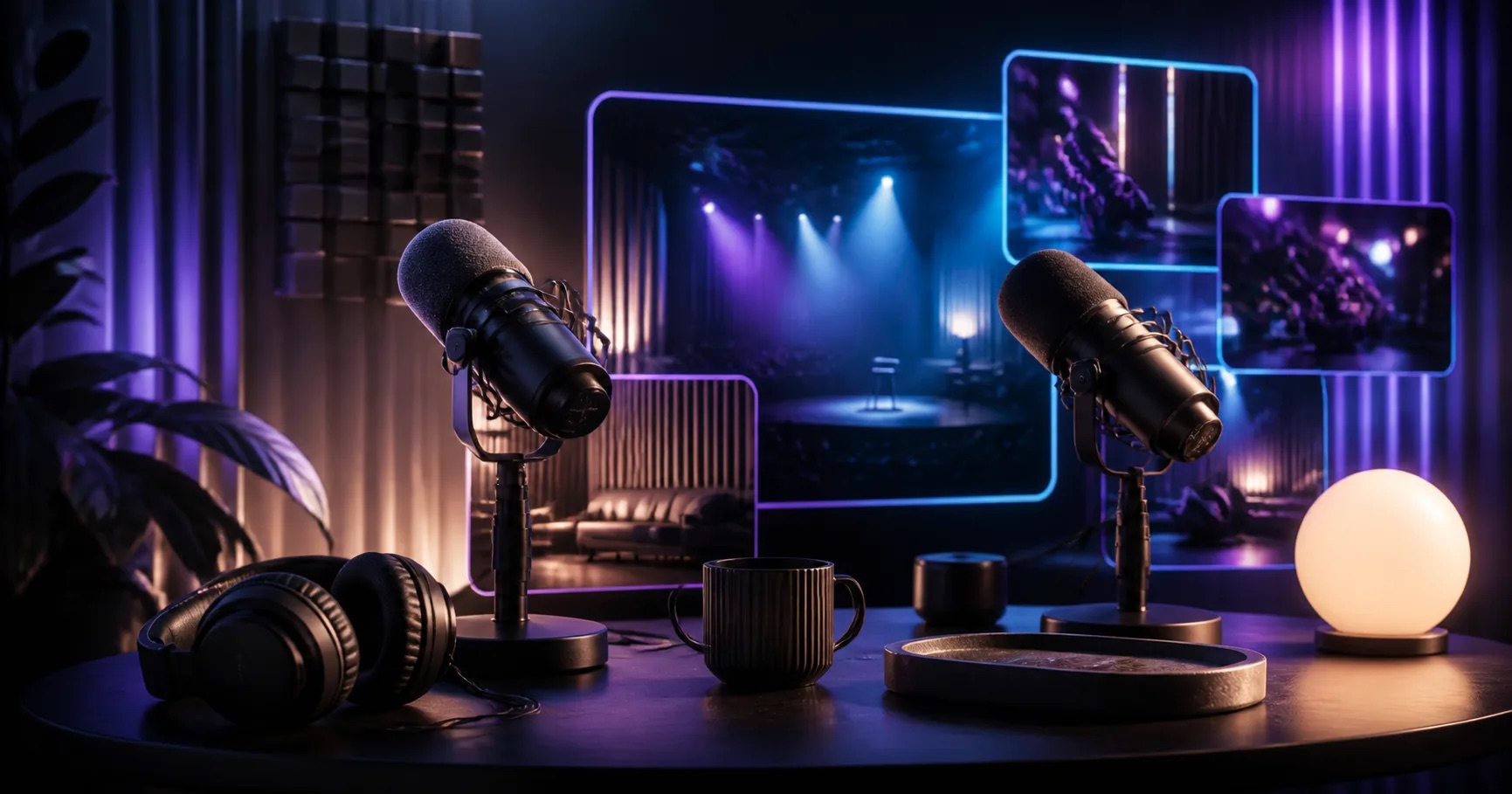 A refined comedy podcast studio with microphones and content screens