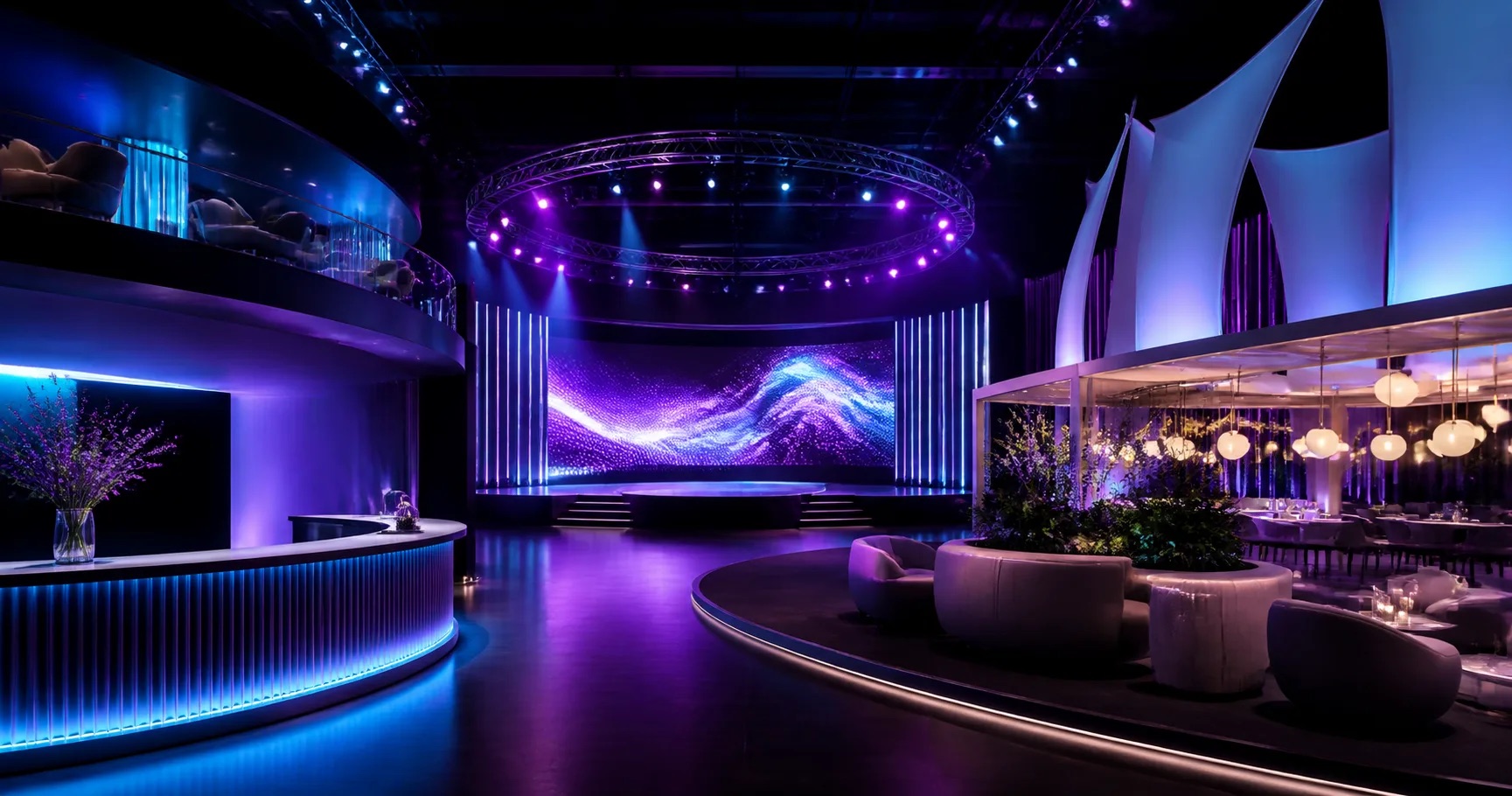 A premium live-event environment with integrated stage and hospitality moments